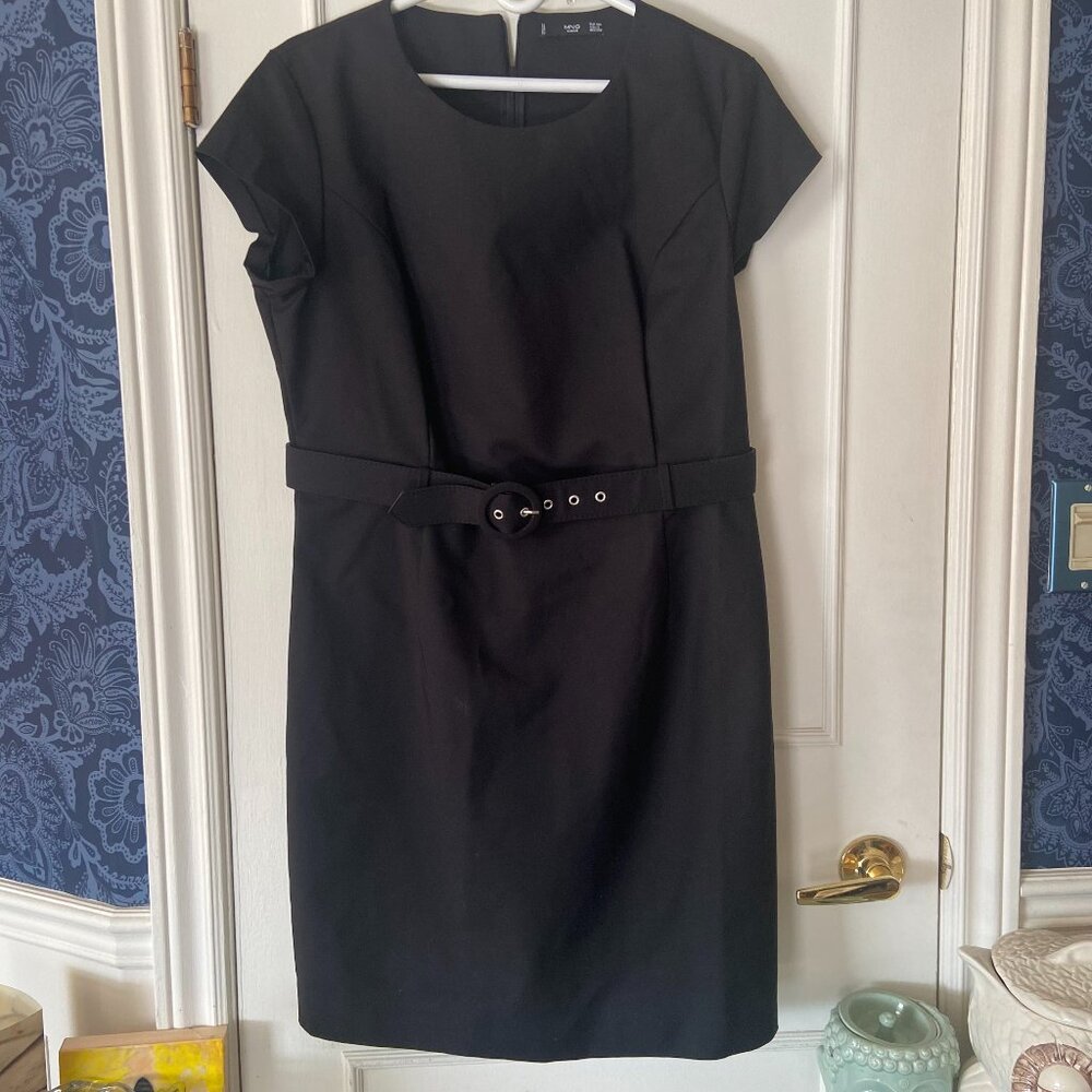 Mango - Belted Black Knee length sheath dress - Size 12 - office, monochrome
